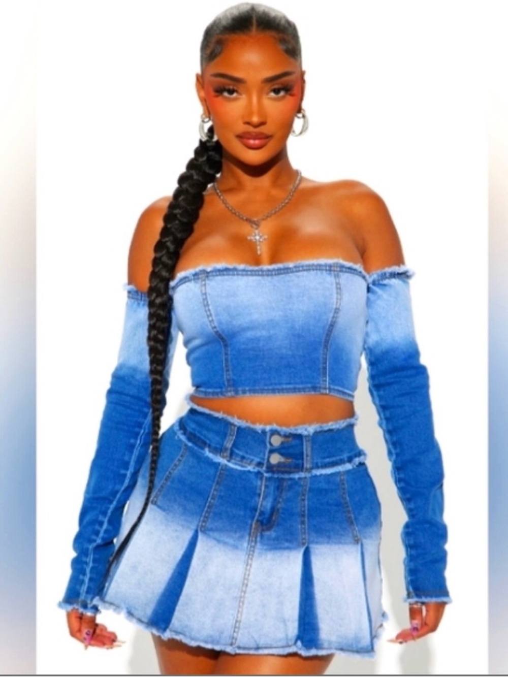 Fashion Nova Blue Ombre Off-Shoulder Denim Crop Top